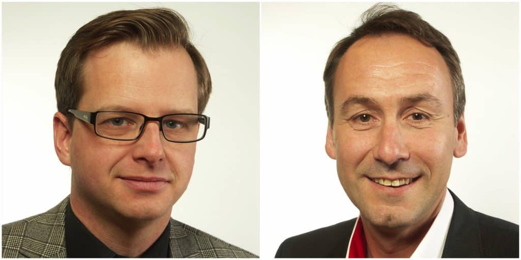 Sten Bergheden (M), till höger, har skickat in en skriftlig fråga till Mikael Damberg (S), till vänster.