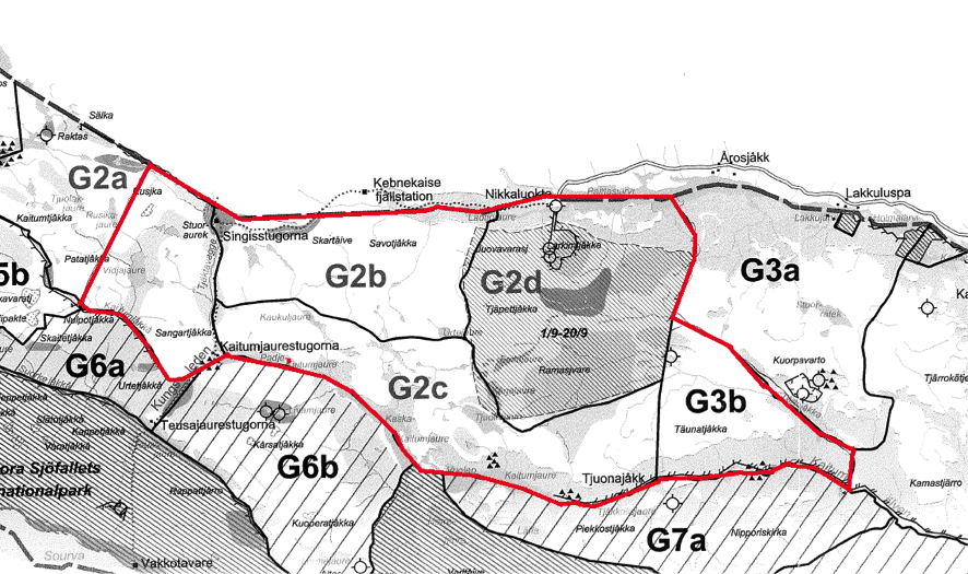 Länsstyrelsen Norrbotten avlyser småviltjakten till och med 15 mars inom områdena G2b, G2d, G2c, G3b samt del av G2a. Karta: Länsstyrelsen