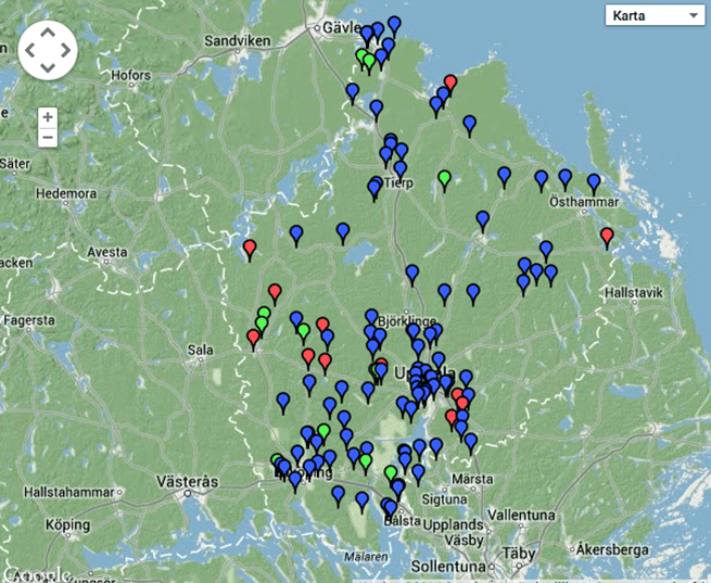 Inrapporterade vargobservationer till länsstyrelsen i Uppsala län sedan 1 januari 2014. Blå markering: ej kvalitetsäkrad observation, grön markering: kvalitetsäkrad observation, röd makering: felaktig observation Källa: Rovobs