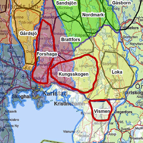 De tre värmländska skyddsjaktområdena tangerar varandra (markerade med rött).