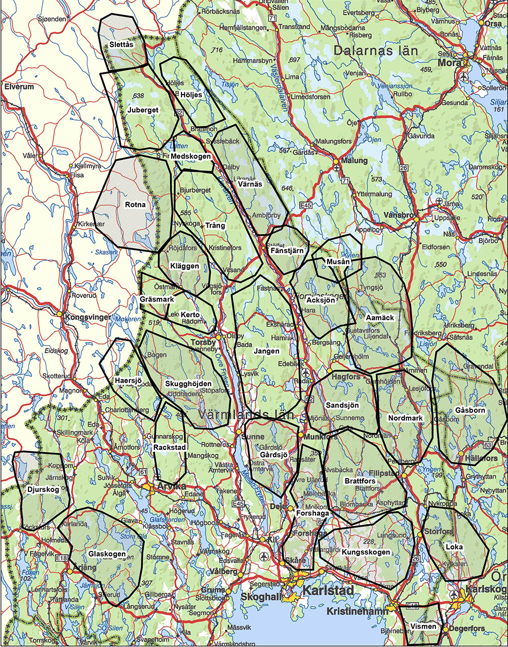 24 vargar får fällas inom två jaktområden som omfattar reviren Forshaga, Gårdsjö, Medskogen och Kläggen. Karta: Länsstyrelsen Värmland